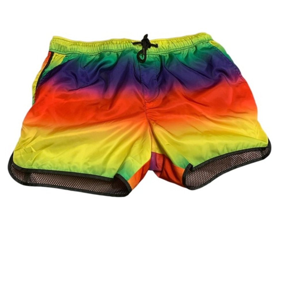 MENS H&M RAINBOW DRAWSTRING MESH LINED SWIM BOARD SHORTS SIZE M